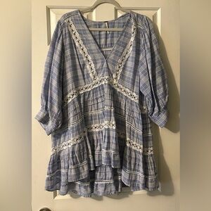 Free People Light Blue Checkered Tunic with Cream Lace
